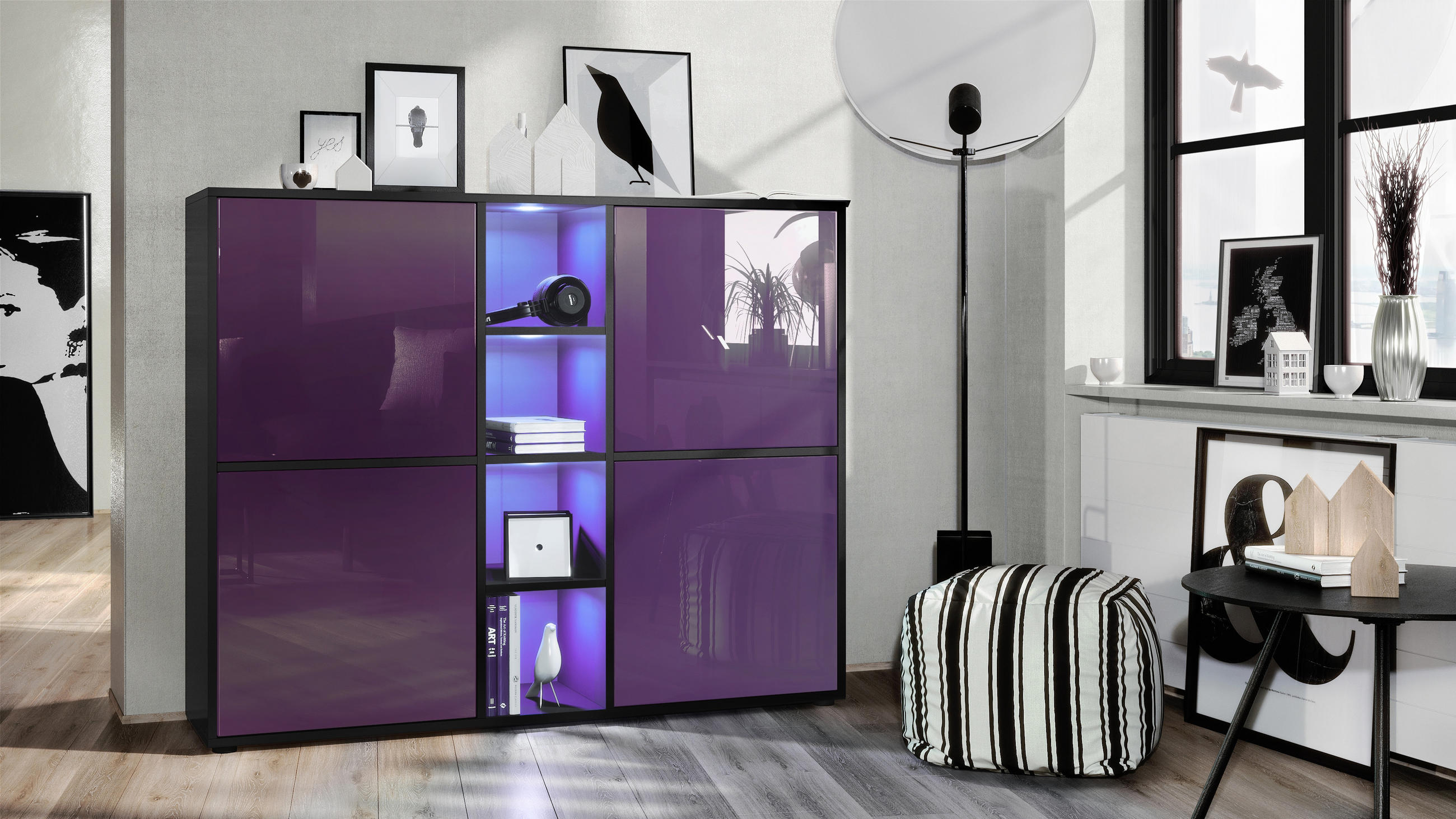 Thumbnail - Vladon Highboard, Brombeere, Holzwerkstoff, 130.5x105.5x35.5 cm, Wohnzimmer, Kommoden & Sideboards, Highboards