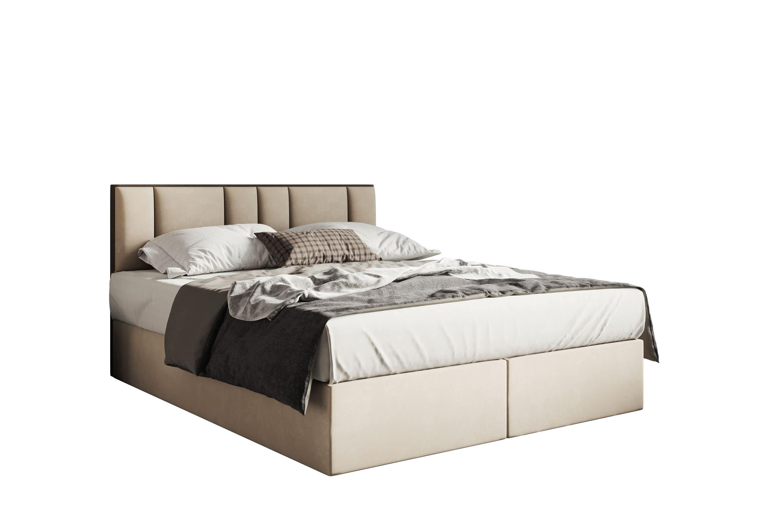 BOXBETT 140 x 200 cm mit H3 Taschenmatratze TRAPANI, Elegant gestepptes Kopfteil und Topper 5cm, Bettkasten, Hellbeige - Beige, Holz/Textil (140/200cm) - Trada