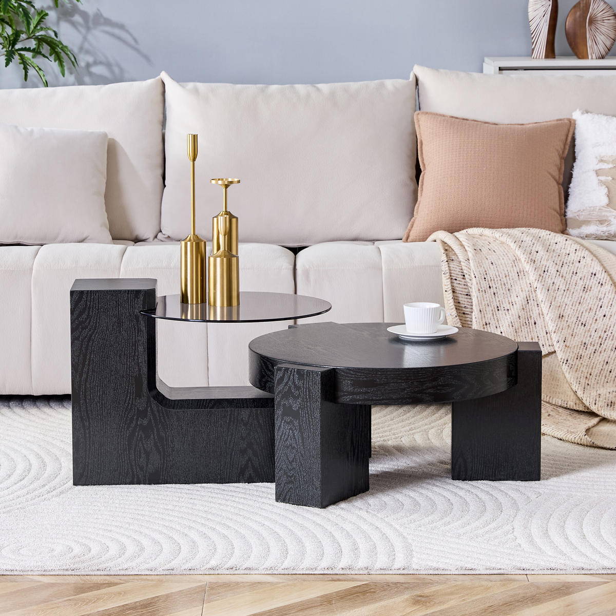 COUCHTISCH-SET 61/61/30 cm Schwarz aus Holzwerkstoff und Glas mit teilbarem 2-in-1 Design - Schwarz, Holzwerkstoff (61/61/30cm) - OKWISH