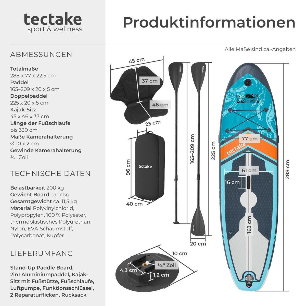 STAND-UP PADDLE BOARD Palagios, Belastbarkeit 200 kg, inklusive Kajak-Sitz, türkis/orange - Türkis, Kunststoff (288/77/0.23cm) - tectake