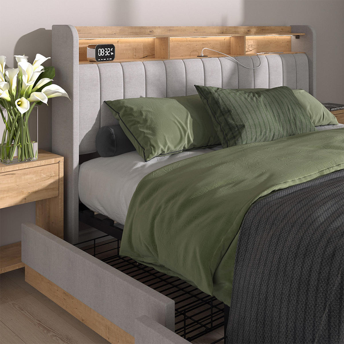 ČALOUNĚNÁ POSTEL Nura Šedá - šedá/barva dubu, kompozitní dřevo - VitaliSpa