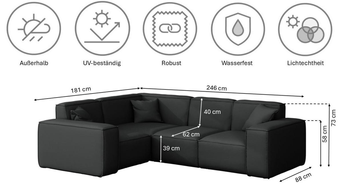 GARTENECKSOFA L-form MALIBU Stoff Odyssey Schwarz Links - Schwarz, Holz (181/73/246cm) - Kaiser Möbel