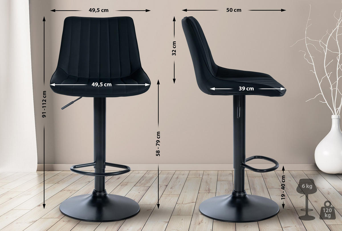 BARHOCKER 2er Set Tolor Kunstleder schwarz schwarz - Schwarz, Kunststoff/Metall (49.5/112/50cm) - TPFLiving