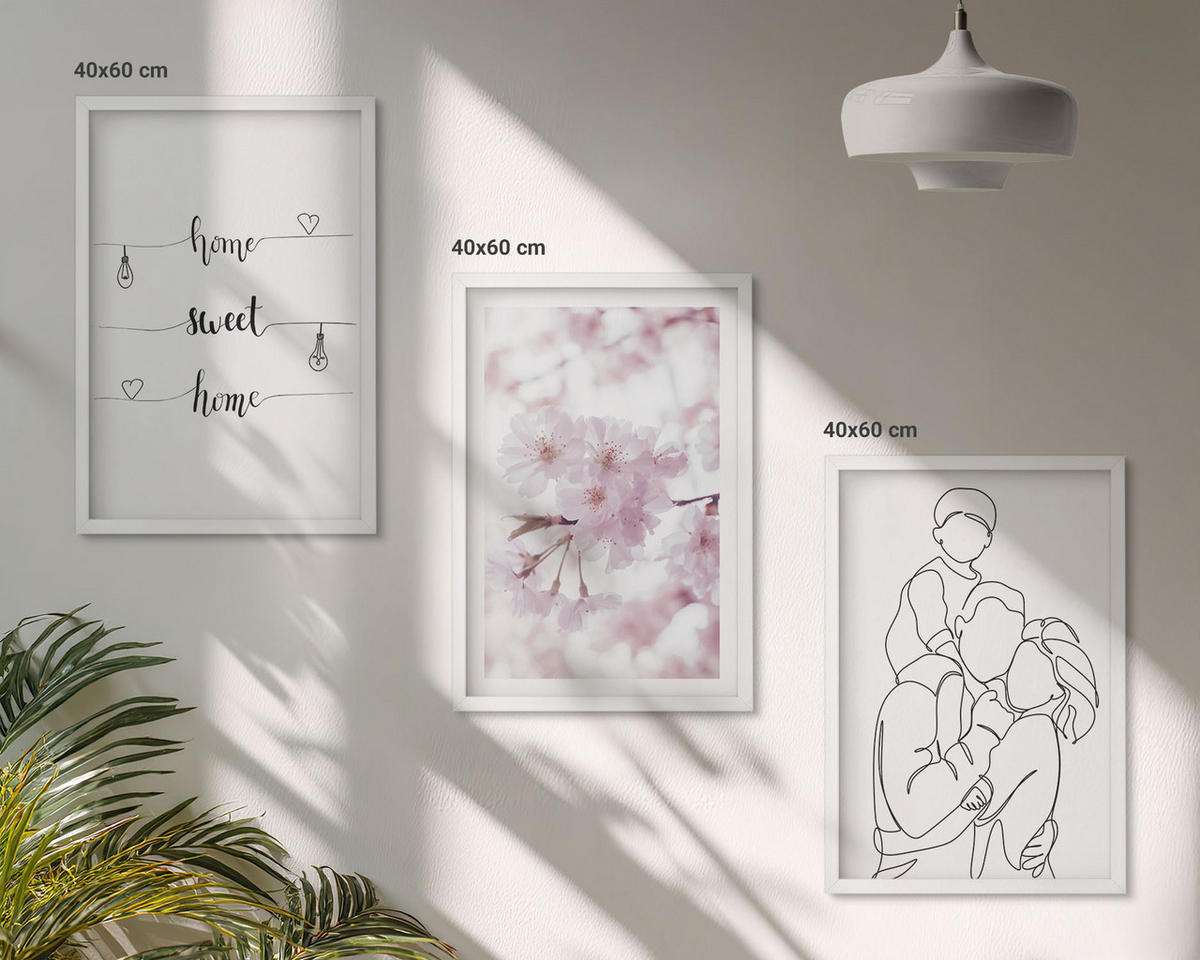 BILDER SET 3er Set - 40x60 cm Weißer Rahmen - Blumenfamilie minimalistisch - Weiß, Kunststoff (40/60cm) - TULUP