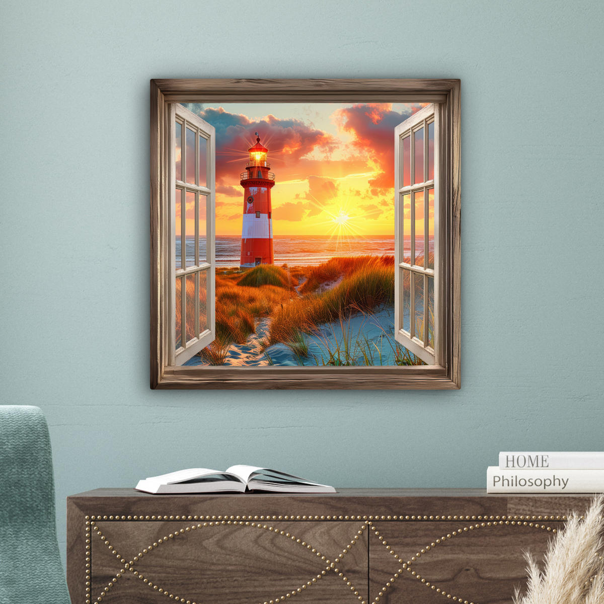 LEINWANDBILD Aussicht - Fenster - Leuchtturm - Sonnenuntergang - Strand 50x50 cm - Dunkelorange, Textil (50/50cm) - MuchoWow