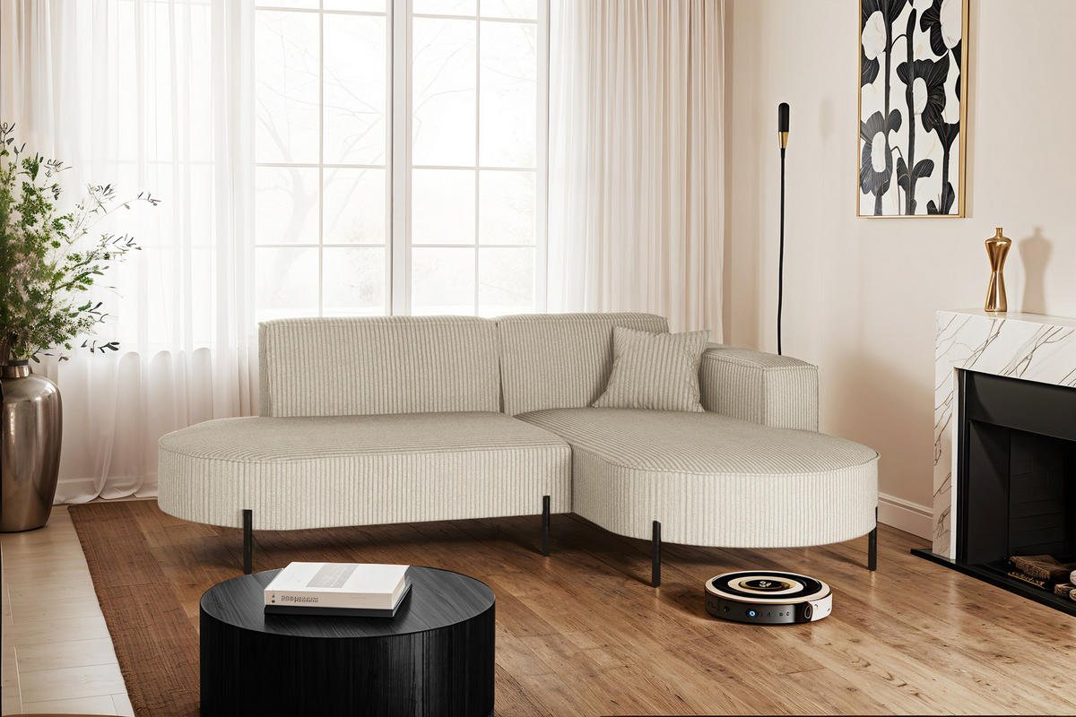 ECKSOFA L-Form Designer Modena Rein stoff Cord Beige Rechts - Creme, Holzwerkstoff (236/165cm) - Kaiser Möbel