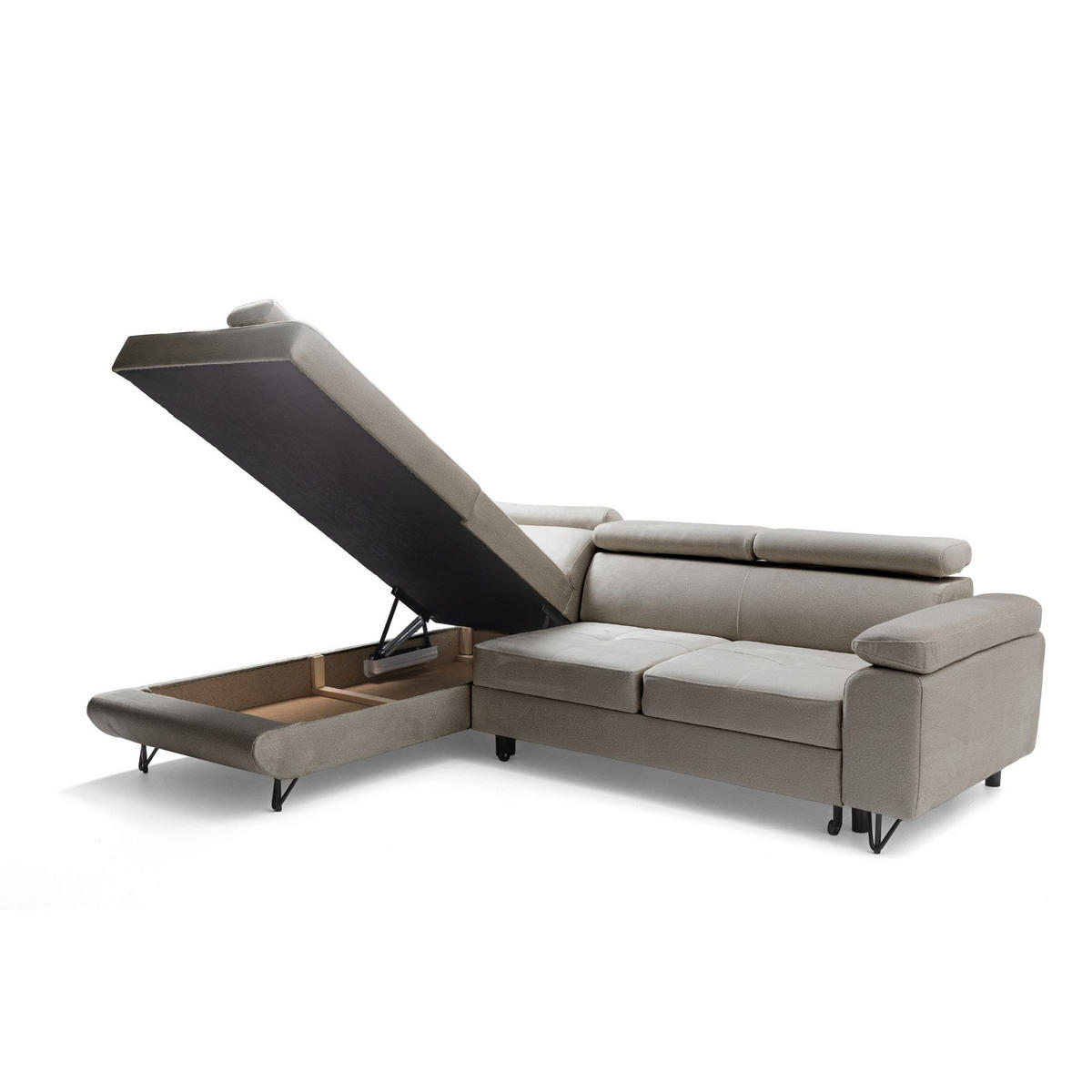 ECKSOFA JUNIOR L Links mit Schlaffunktion 194x128 Velours Beige - Beige/Schwarz, Holz/Textil (249/184cm) - Muffo