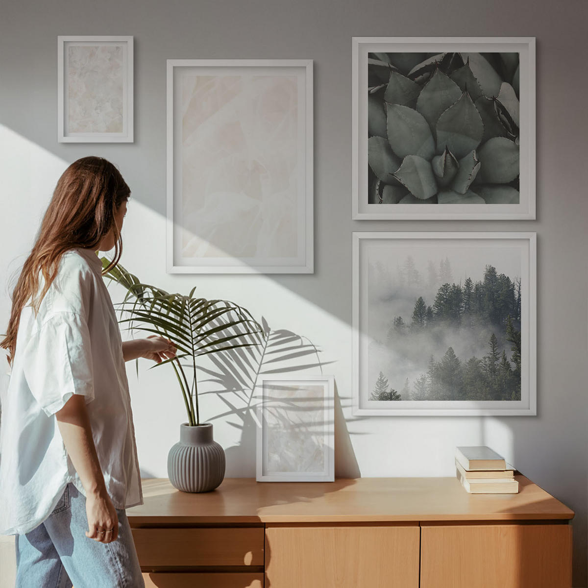 WANDBILDER 5er-Set - 50x50 cm & 20x30 cm & 40x60 cm Weißer Rahmen - Steinpastellmarmor - Weiß, Kunststoff (40/60cm) - ArtPrintCave