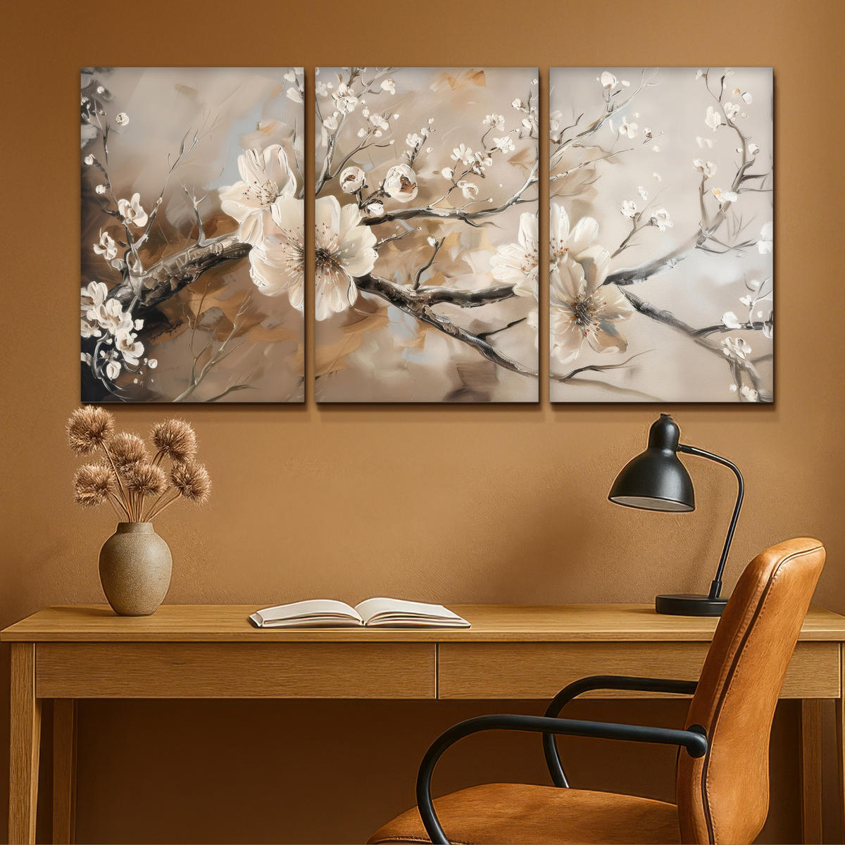 LEINWANDBILD 3er Set Blüte - Beige - Abstrakt - Blumen 120x60 cm - Hellbraun, Textil (120/60cm) - MuchoWow