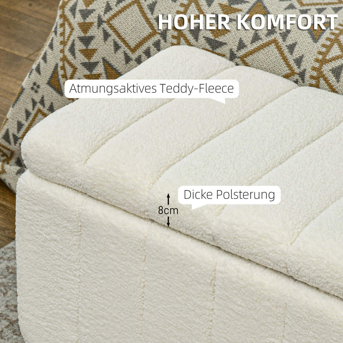 SITZBANK mit Stauraum, Polsterbank mit Teddy-Vlies-Optik, Bettbank mit Holzbeine - Creme/Schwarz, Kunststoff/Textil (45/46/102cm) - HOMCOM
