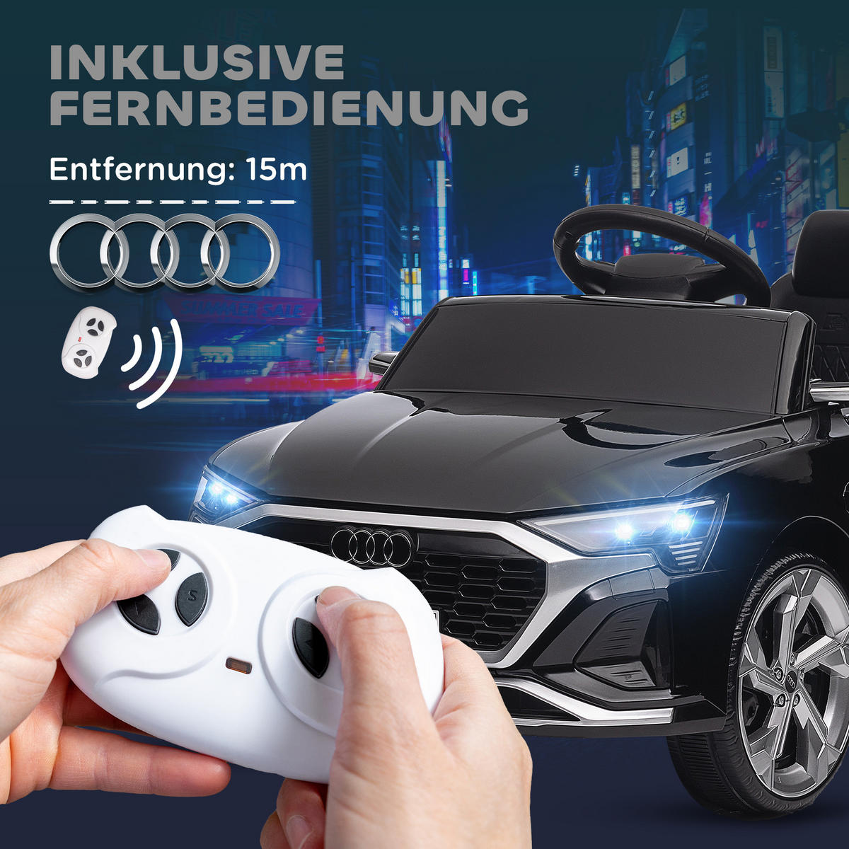 KINDER-ELEKTROAUTO mit Fernbedienung, MP3, Musik & Hupe - Schwarz, Kunststoff (98/49.5/43cm) - AIYAPLAY