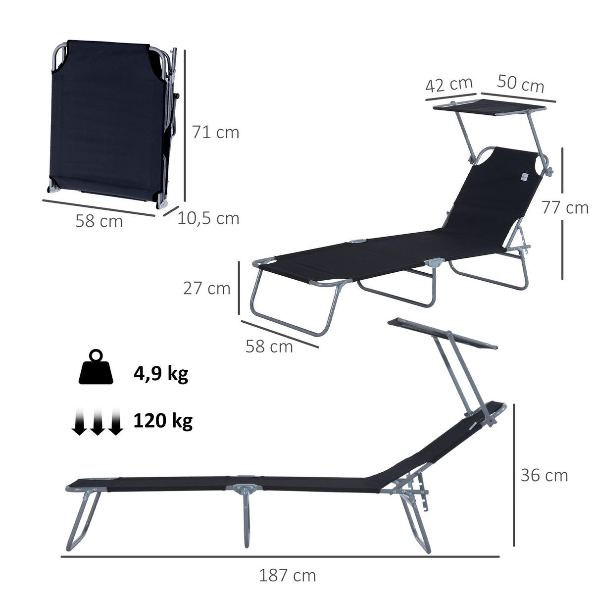 SONNENLIEGE mit Sonnenschutz, Schwarz - Schwarz, Textil/Metall (58/27/187cm) - Outsunny