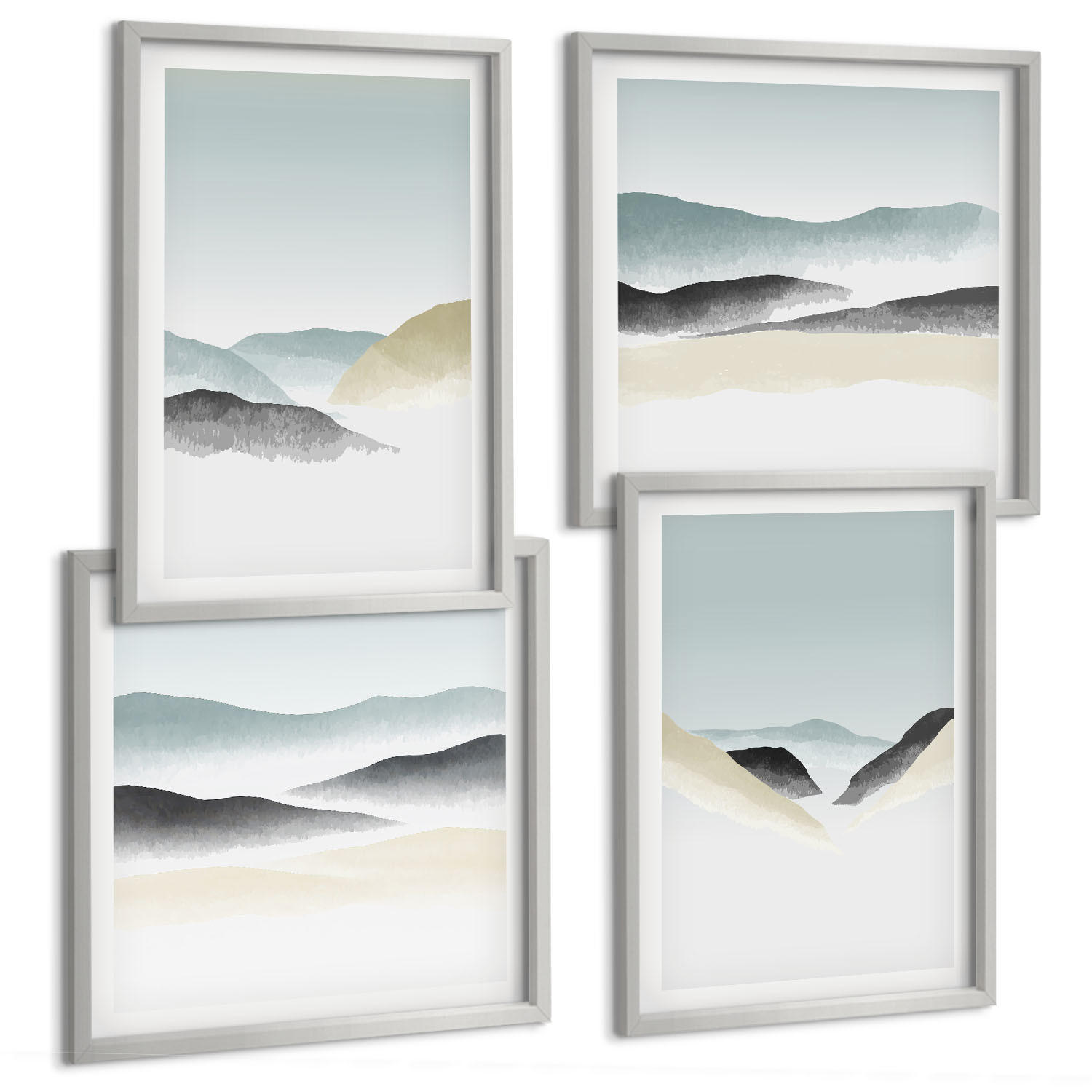 BILDER SET 4er Set - 50x50 cm & 40x60 cm Silberner Rahmen - Berge minimalistische Pastellfarben - Silberfarben, Kunststoff (50/50cm) - TULUP