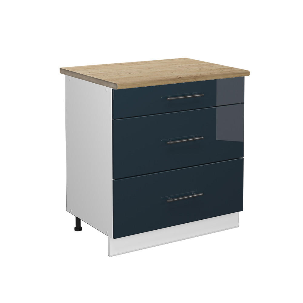 KÜCHENSCHRÄNKE Fame-Line Dunkelblau Hochglanz 80 cm mit 3 Schubladen AP Eiche - Weiß/Dunkelblau, Holzwerkstoff (80/82/60cm) - Vicco