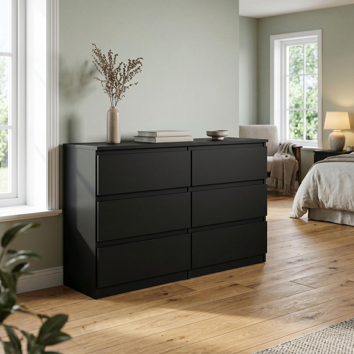KOMMODE NUDO 138,5/78,5/39cm mit 6 Schubladen Türen Schwarz - Schwarz, Holzwerkstoff (138.5/78.5/39cm) - MASSENO