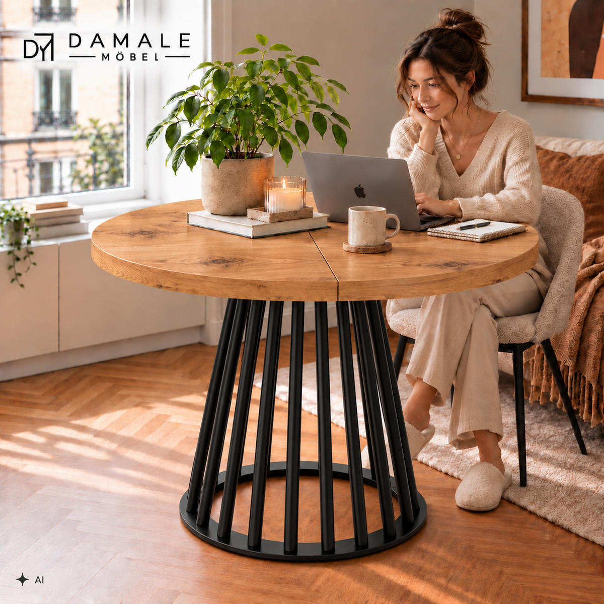 ESSTISCH rund ausziehbar 90/190/76 cm, Eiche Craft, 54 cm Tischplatte + Lamellen-Metallgestell Schwarz - Eichefarben/Schwarz, Holzwerkstoff/Metall (90/190/76cm) - Damale Möbel