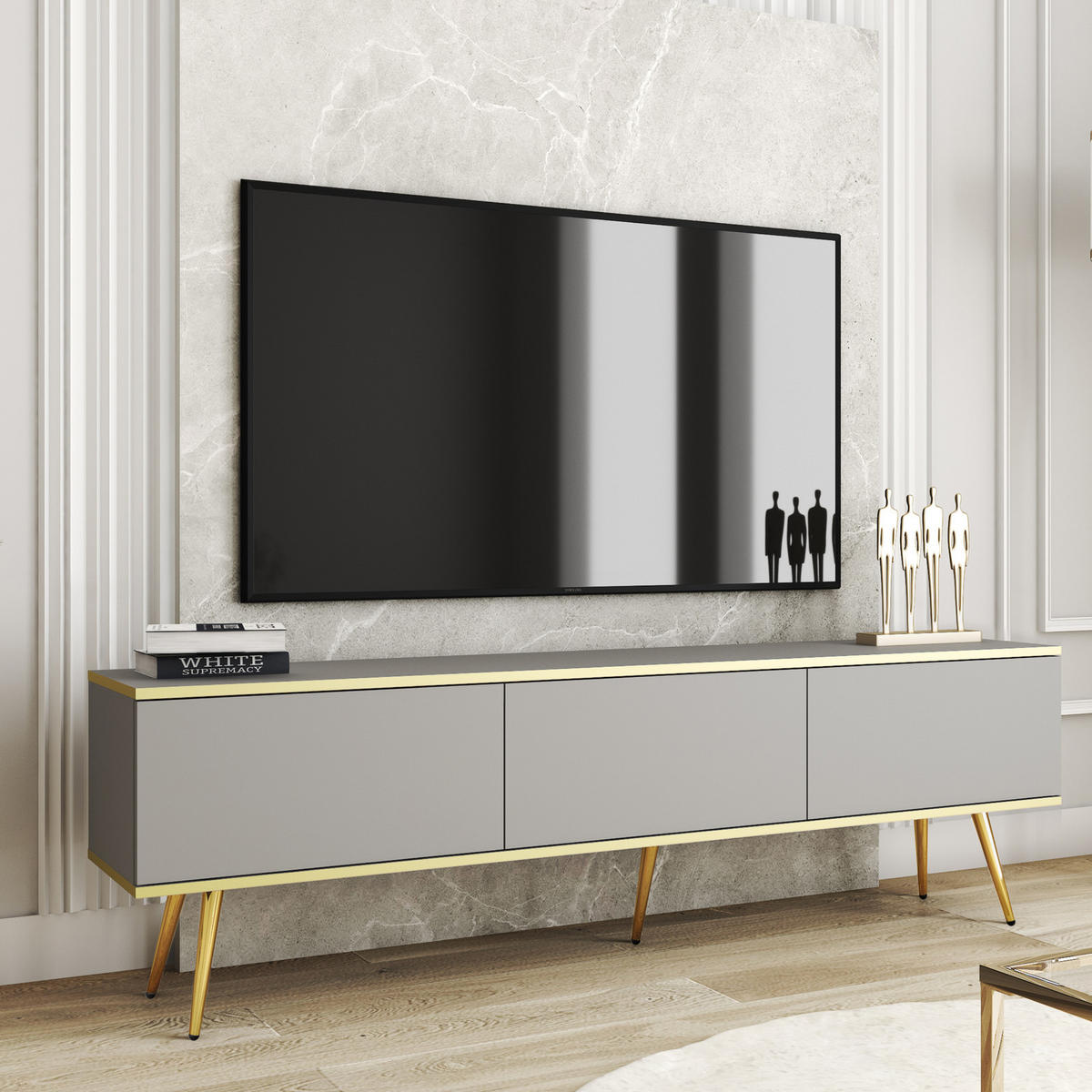 TV-LOWBOARD FORNO (Grau, Goldene Details, 3 Türen, goldene Metallfüße, 175 cm) - Gelb/Goldfarben, Holz/Holzwerkstoff (175/53/32cm) - Ravio