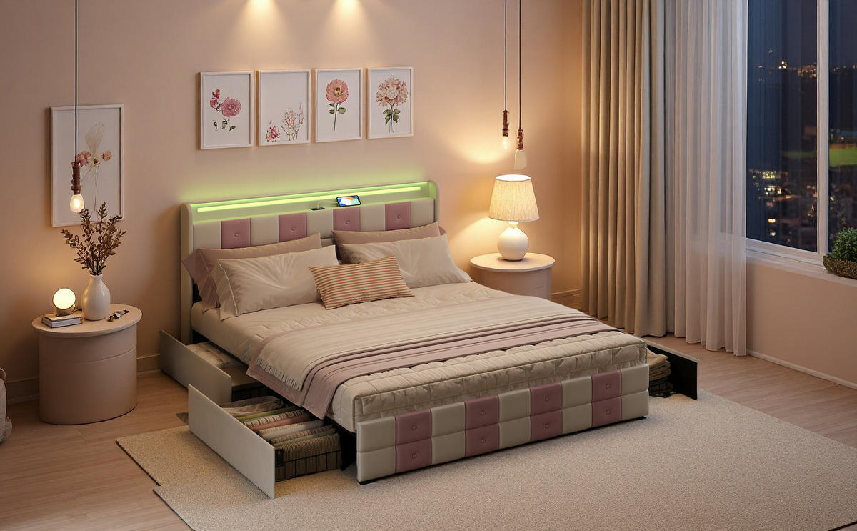 POLSTERBETT 140x200 cm Weiß Rosa Samt LED USB 4 Schubladen - Weiß, Holz (140/200cm) - SHOPENTRA