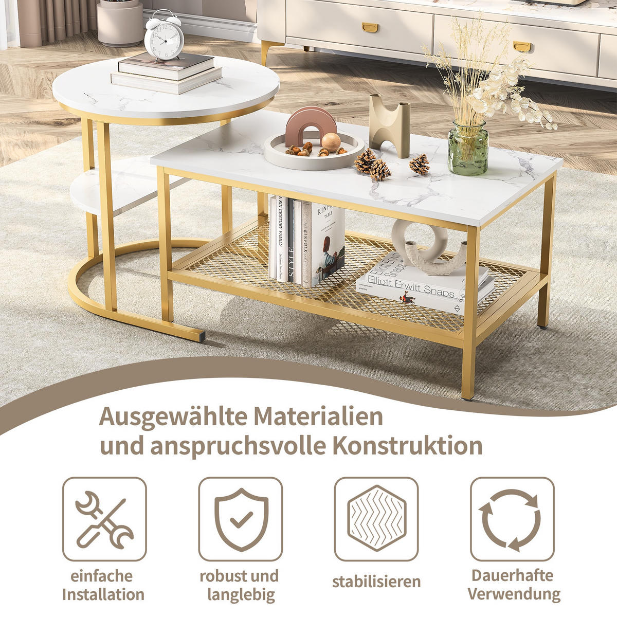 COUCHTISCH-SET 2-teilig Marmor-Optik mit goldenem Metallrahmen - Weiß, Metall (132/52/51cm) - DELFA