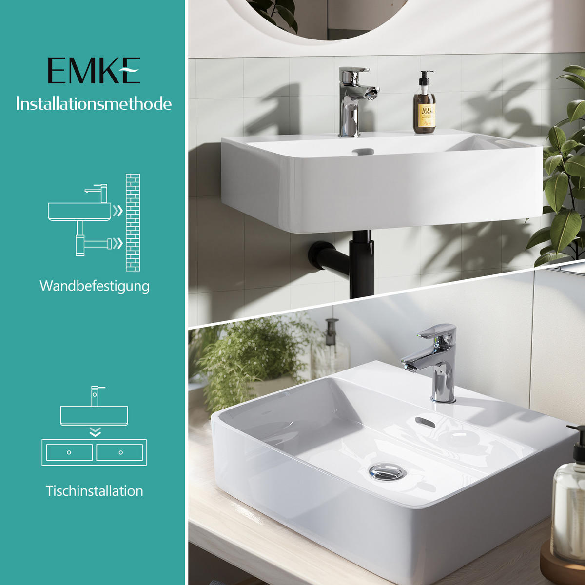 WASCHBECKEN mit 1 Hahnloch, Überlauf und Hahnlochbank, Weiß 50/42,5/13 cm - Weiß Hochglanz, Keramik (42.5/13/50cm) - EMKE