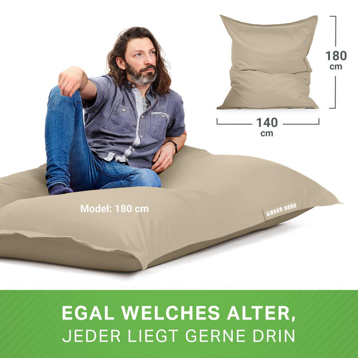 SITZSACK XL "Square" 120x160cm - 270 L - Beige, Textil (120/25/160cm) - Green Bean