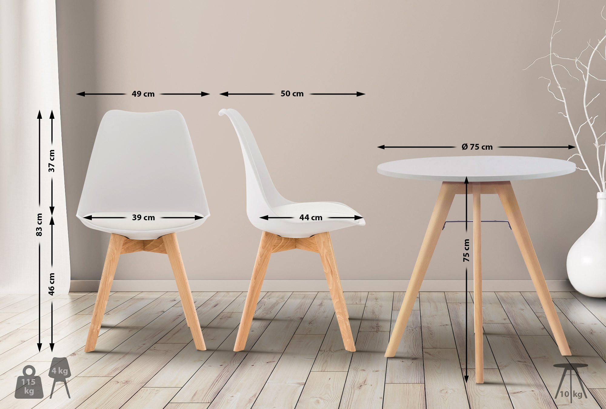 TISCHGRUPPE Holz Weiß (5-teilig) - Weiß, Holz (125/83/125cm) - CLP