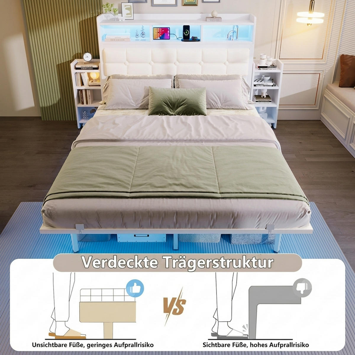 METALLBETT 140/190 cm Weiß mit 2 ausziehbaren Nachttischen, LED und Ablagefächern - Weiß, Metall (140/190cm) - Oxeza