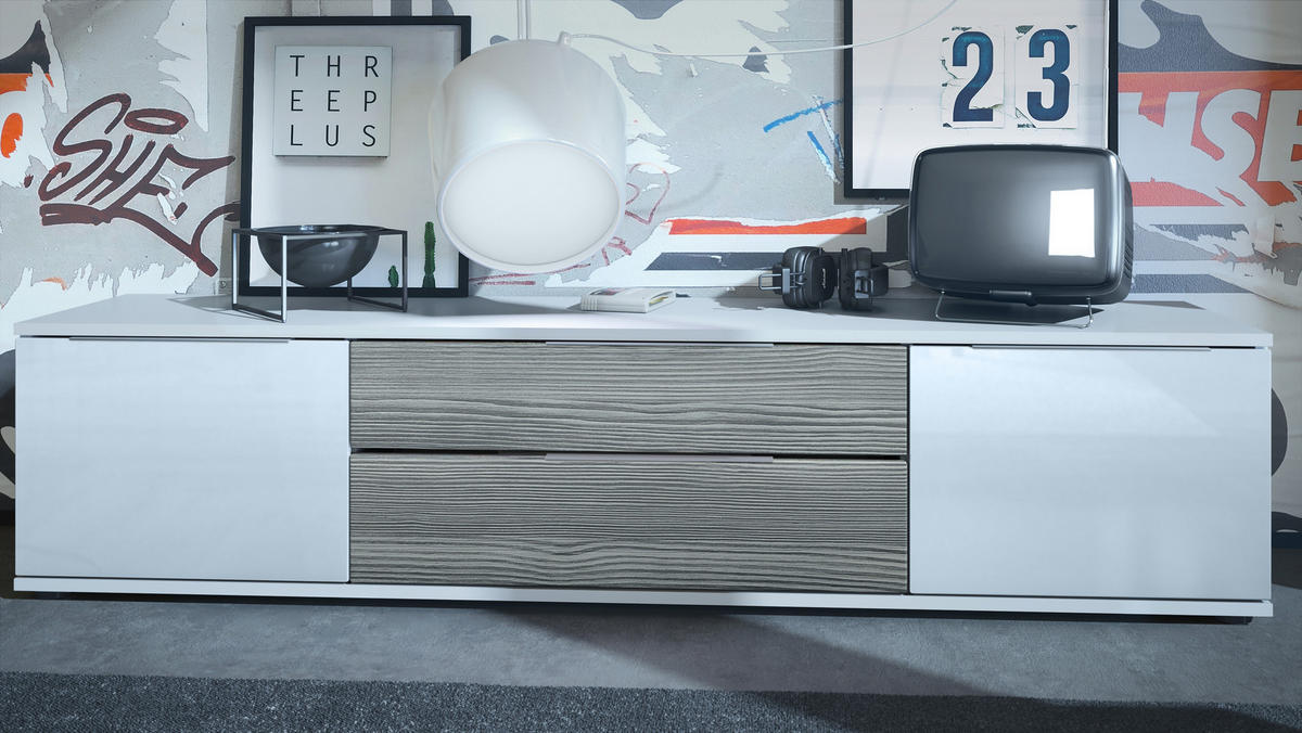 LOWBOARD Linio Avola-Anthrazit - Weiß Hochglanz/Anthrazit, Holzwerkstoff (166.5/37.5/35cm) - Vladon