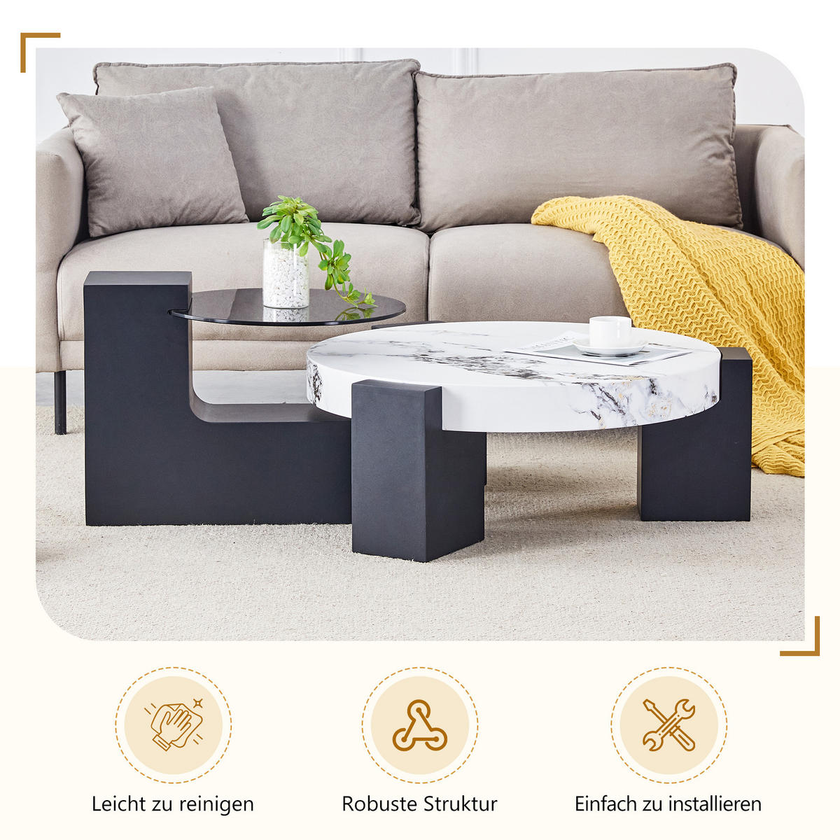 COUCHTISCH in Schwarz und Weiß 2er-Set Couchtisch-Kombination mit Glasplatte für Wohnzimmer, B44/T62/H44 cm, Ø61/H30 cm - Schwarz/Weiß, Glas/Holzwerkstoff (61/61/30cm) - STILVORA