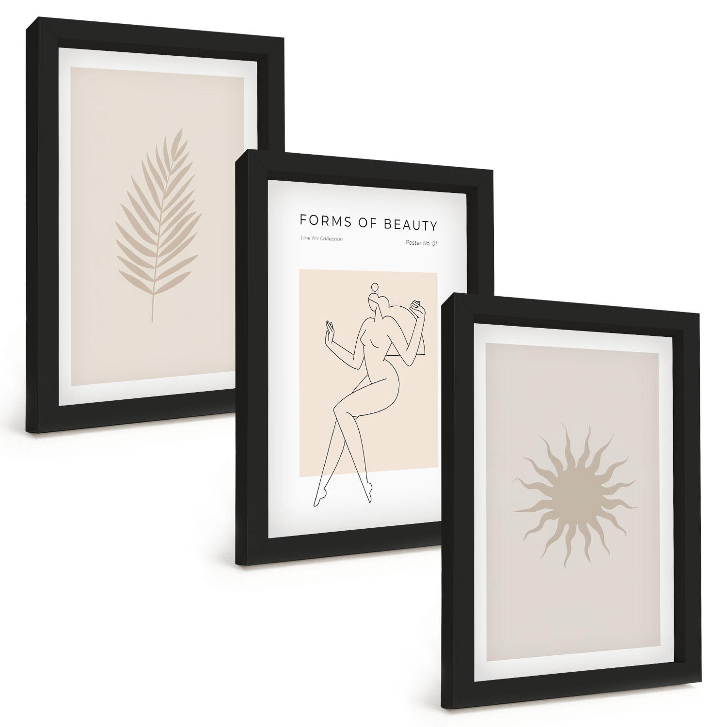 BILDER SET 3er Set - 20x30 cm Schwarzer Rahmen - Eine Sammlung minimalistischer Formen - Schwarz, Kunststoff (20/30cm) - TULUP