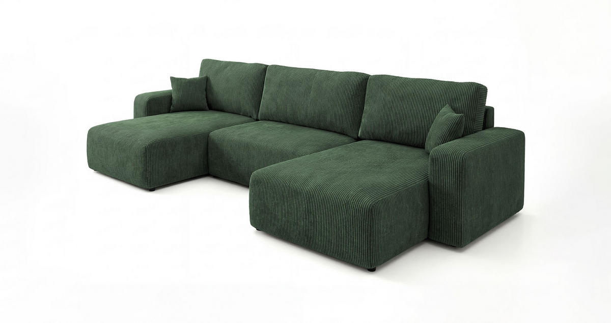 SEDACÍ souprava BERLIN tvar U zelená manšestr Poso 14 - funkce spaní, úložný prostor - zelená barva, textil (385/86/185cm) - Cornero