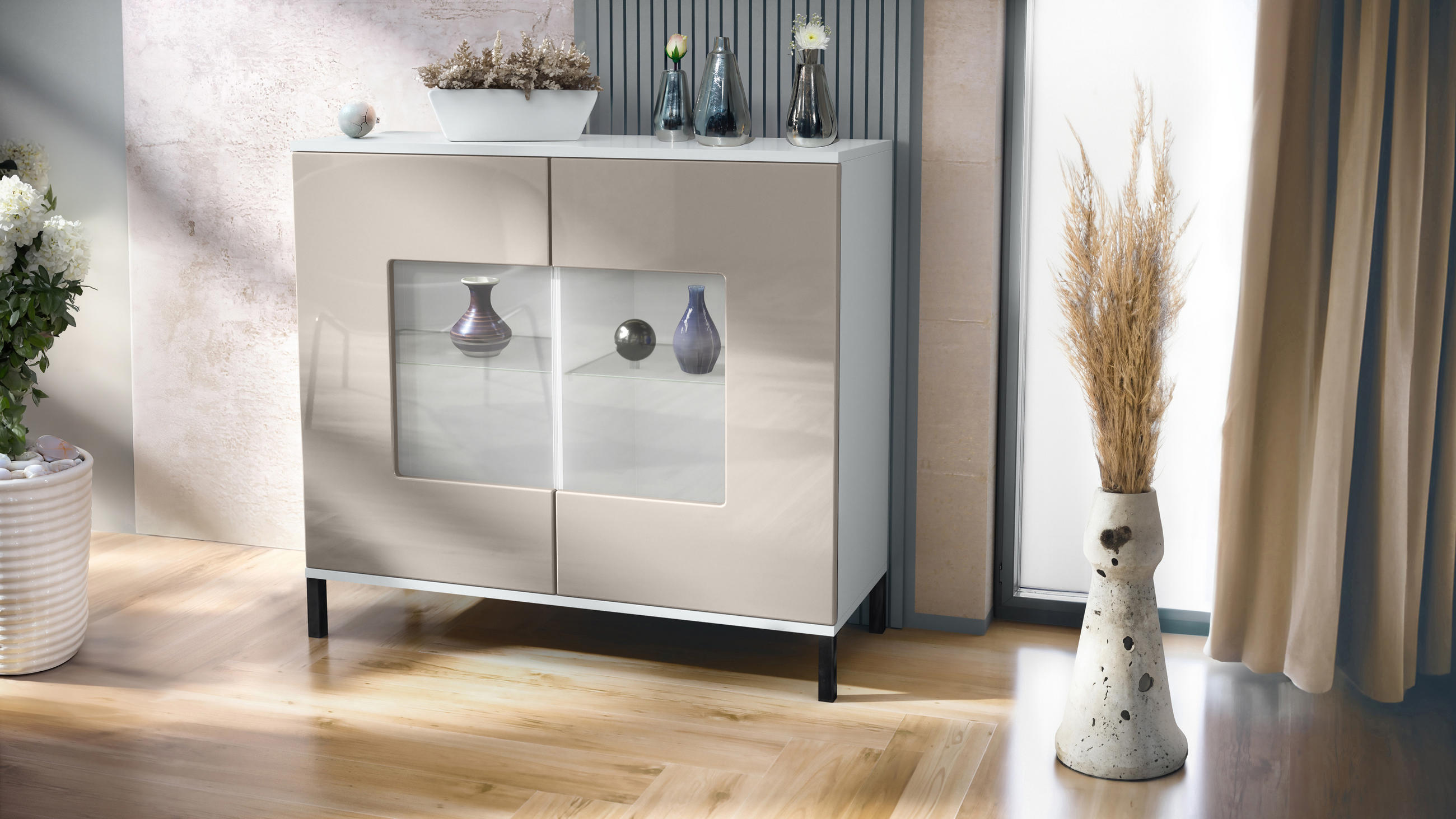 KOMMODE Grömitz Sandgrau Hochglanz - Sandfarben, Holzwerkstoff (92.5/83.5/35cm) - Vladon