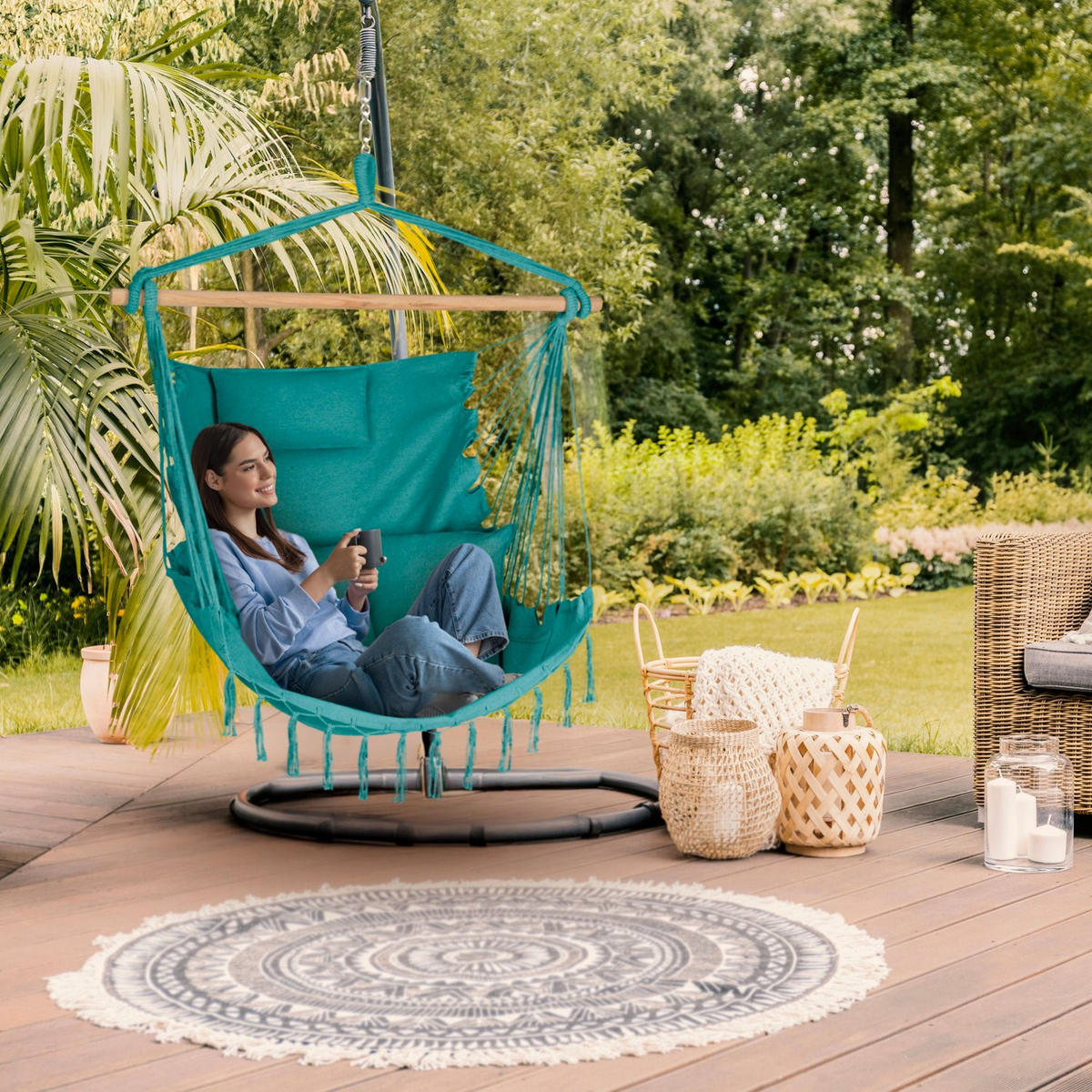 HÄNGESESSEL mit 3 Kissen 75/100/130 cm, bis 140 kg - Grün, Textil (100/130/75cm) - Outtec