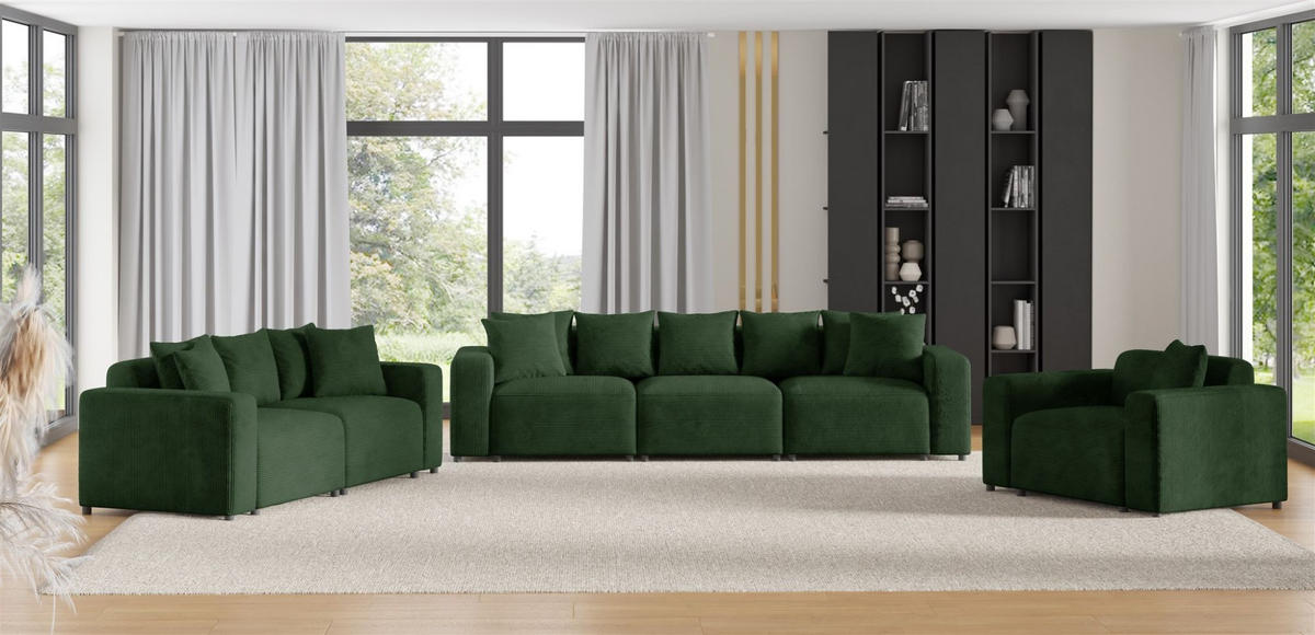 SOFASET Megan 3-2-1 In Poso - Dunkelgrün, Holzwerkstoff/Textil (327/75/98cm) - Fun Möbel