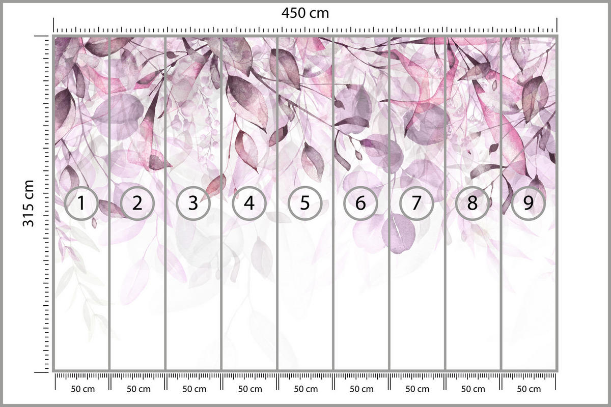 FOTOTAPETE für Schlafzimmer Aquarell Zarte Rosa Blätter Botanisch 450x315 - Violett/Weiß, Papier (450/315cm) - Muralo