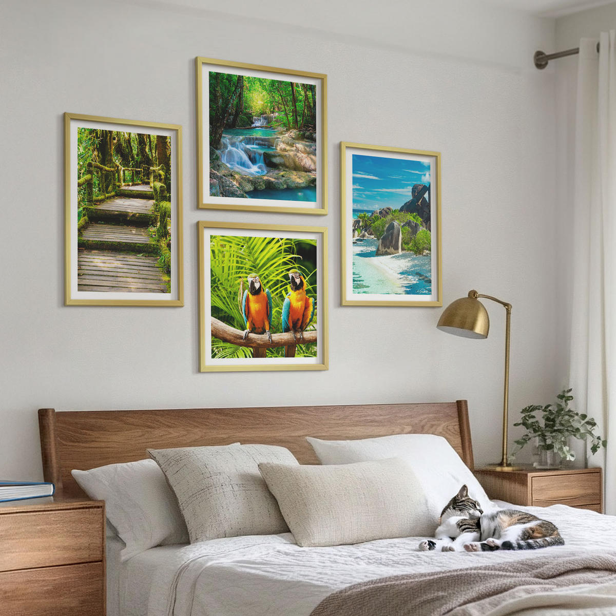 WANDBILDER 4er Set - 50x50 cm & 40x60 cm Goldrahmen - Tropischer Wald Papageienwasserfall - Goldfarben, Kunststoff (50/50cm) - ArtPrintCave