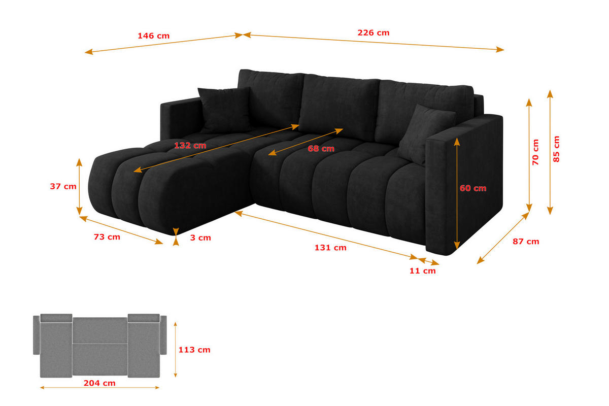 ROHOVÁ SEDAČKA s funkcí spaní, otoman vlevo GARD-L 226x146x85 černá velur - černá, kompozitní dřevo/textil (226/146cm) - ALTDECOR
