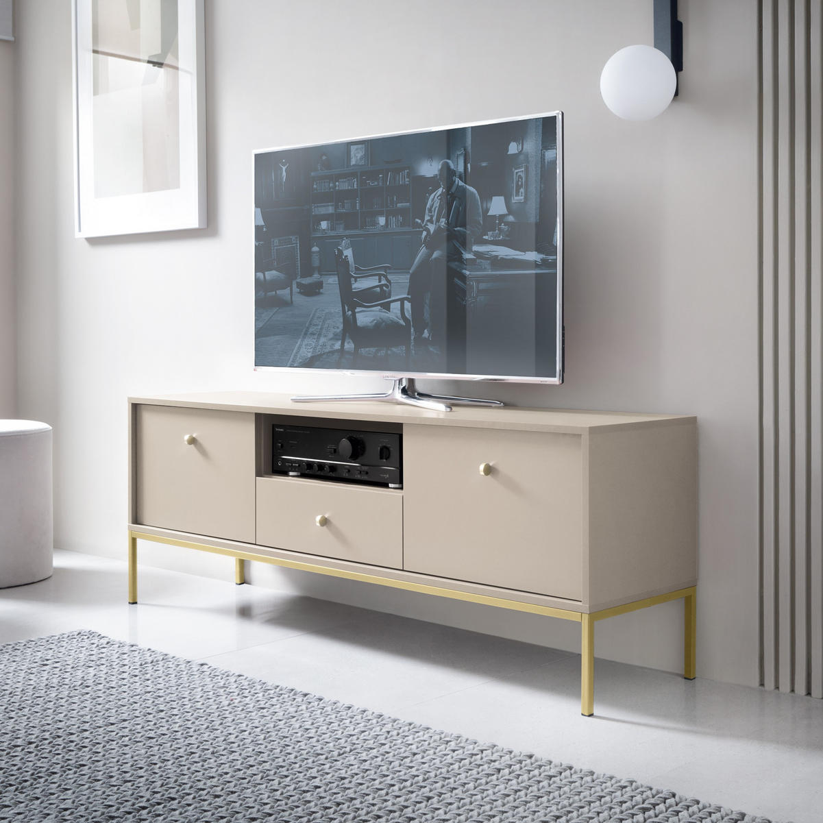 TV-BOARD BARI RTV2D1SZ (Beige, Goldene Griffe, Goldenes Gestell, Schublade) - Beige/Goldfarben, Holz/Holzwerkstoff (154/56/39cm) - Ravio