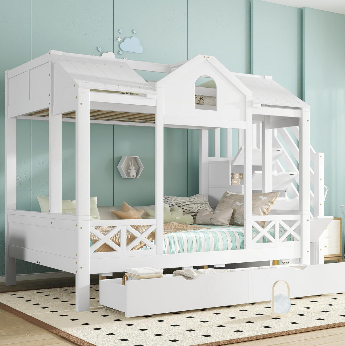 ETAGENBETT aus Kiefer/MDF 254,5x145x170 cm Weiß mit 2 Schubladen, Treppenschrank und Spielhaus-Design - Weiß, Holzwerkstoff (90/200cm) - Modfu