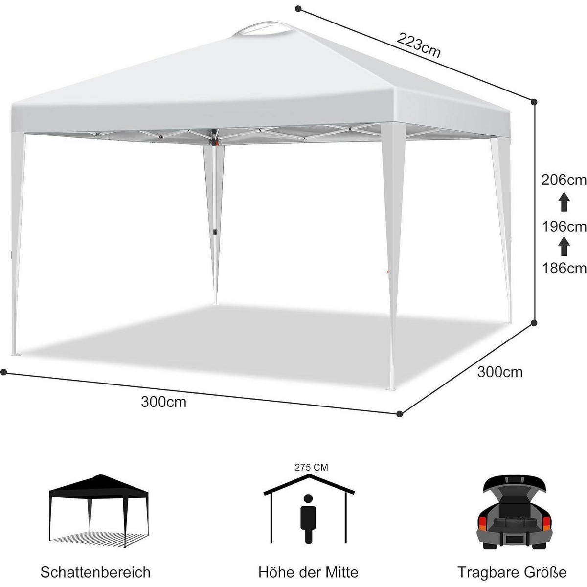 PAVILLON 3 x 3 m Weiß mit 4 Seitenteilen - Weiß, Textil (300/206/300cm)