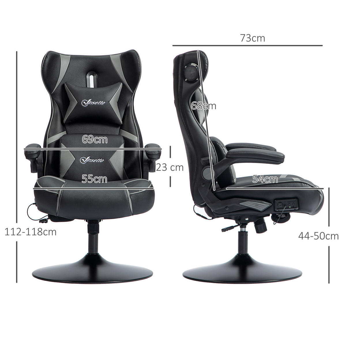 GAMING-STUHL mit Wippen- und Schaukelfunktion, Schwarz+Grau - Grau, Leder (69/118/73cm) - Vinsetto
