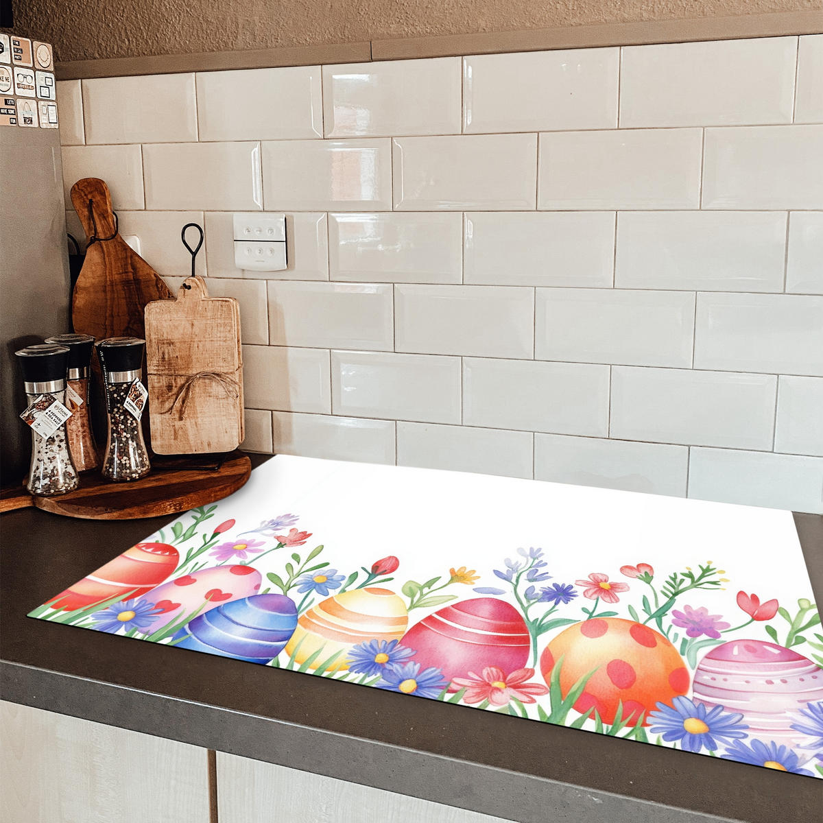 HERDABDECKPLATTE Blumengarten - Bunt - Eier Induktionsschutz 81.6x52.7 cm - Weiß, Kunststoff (81.6/52.7/0.2cm) - MuchoWow