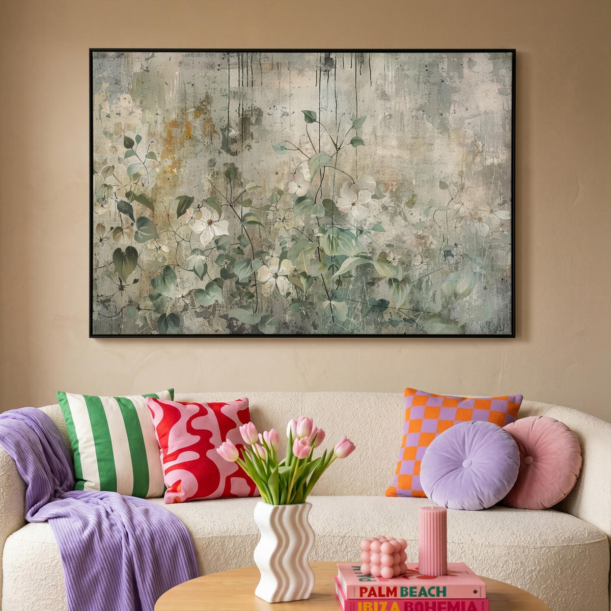 LEINWAND Bilder mit Rahmen - Blumen - Blätter - Abstrakt - Modern - 150x100 - Grau, Textil (150/100cm) - MuchoWow