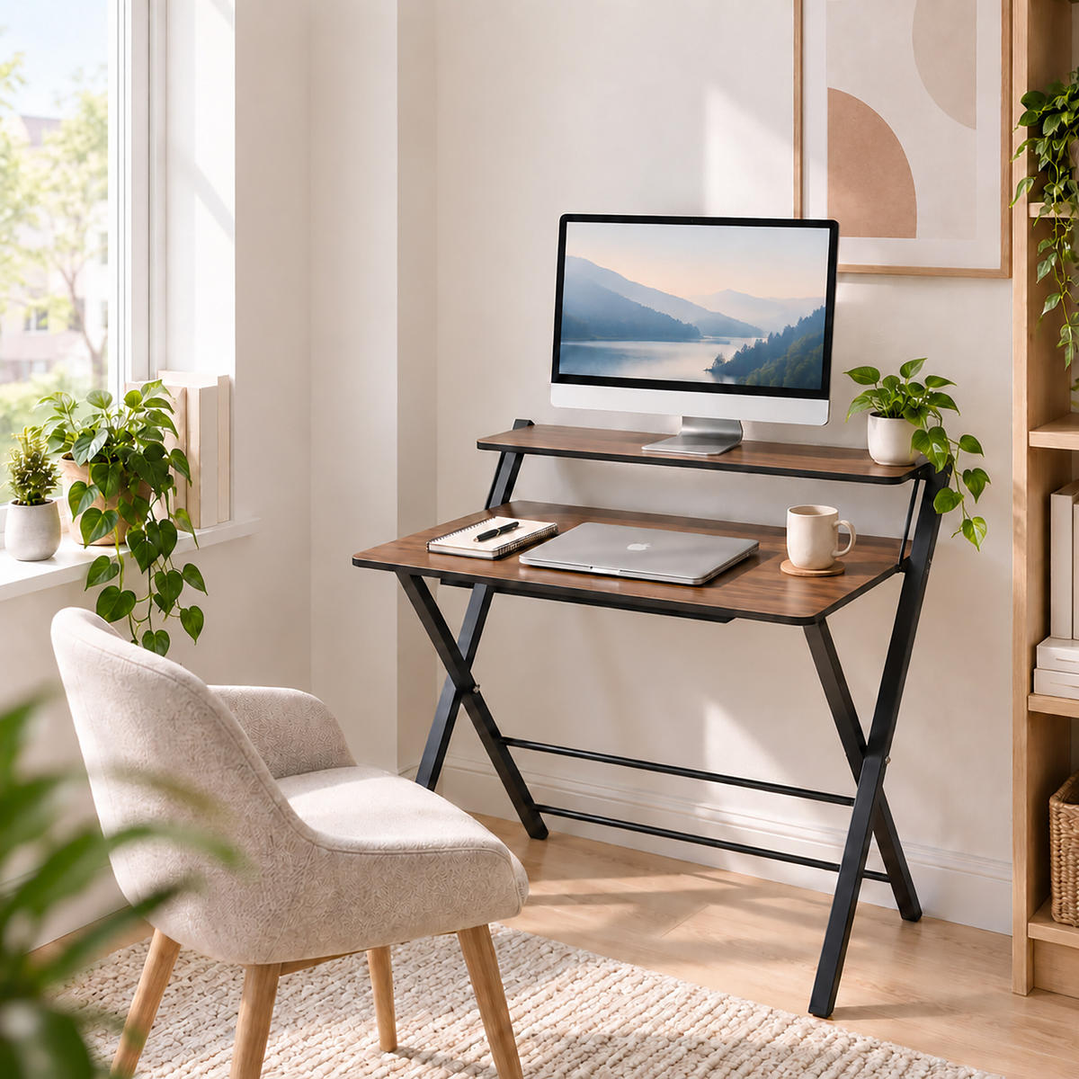 SKRIVBORD Svart fällbart med monitorhylla 70x56 cm - Svart, Träbaserade material/Metall (56/70/82cm) - Relaxdays