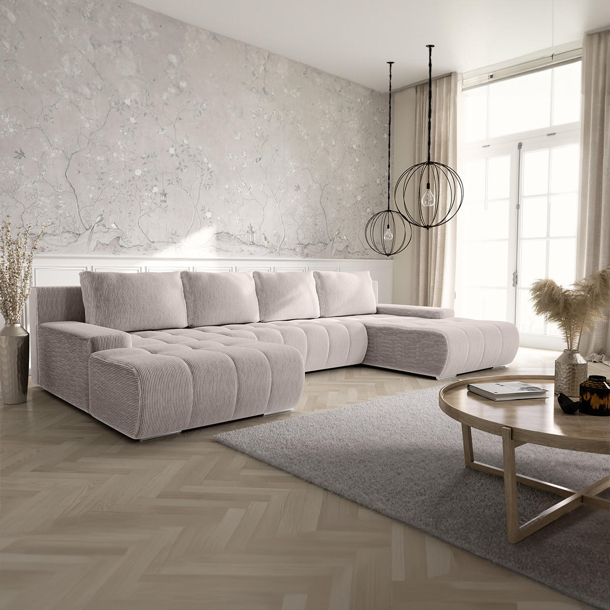 PANORAMASOFA Jonas 5 Sitzplätze Gebrochenes Weiß - Weiß, Holz (350/85/185cm) - Petits-meubles