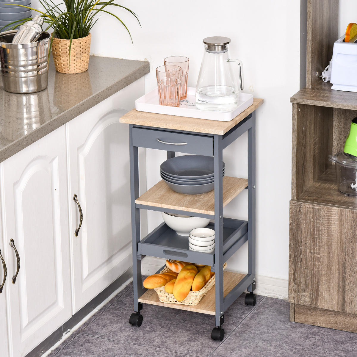 SERVIERWAGEN DE-17080 Grau & Hell-Eiche - Grau, Holzwerkstoff (37/76/37cm) - ComfortXL