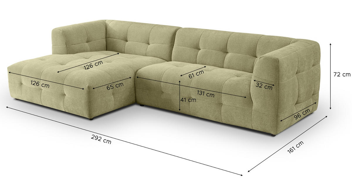 SOFA grün Webstoff 292 x 161 cm, Ecksofa 5-Sitzer, L-Sofa Ottomane links - Grün, Holz/Textil (292/161cm) - Inn.Furn