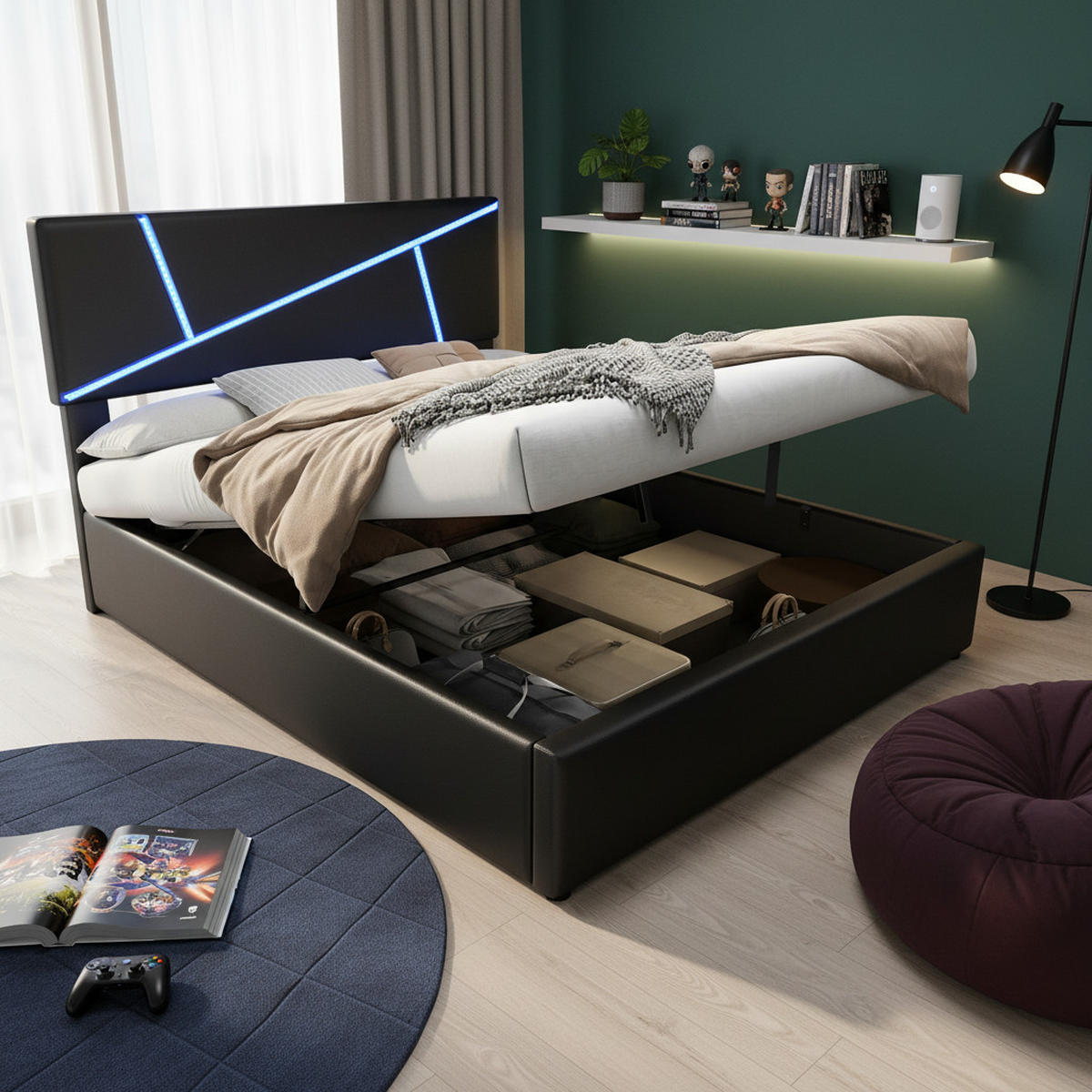 POLSTERBETT 90x200cm Schwarz Mit LED & Hydraulik - Schwarz, Leder (90/200cm) - FLIEKS