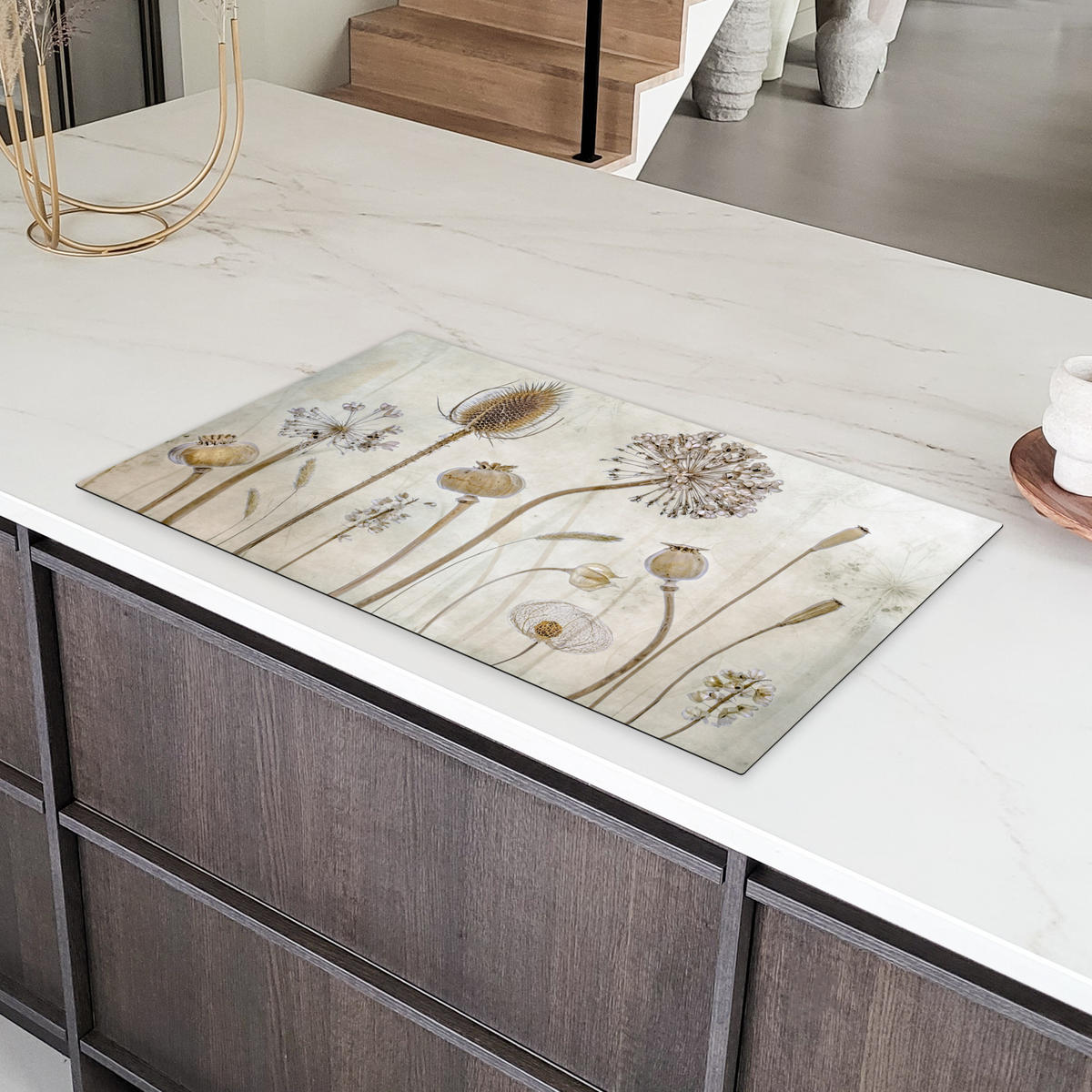 HERDABDECKPLATTE Blumen - Aquarell - Stilleben - Braun - Vintage 91x52 cm - Sandfarben, Kunststoff (91.2/52/0.2cm) - MuchoWow