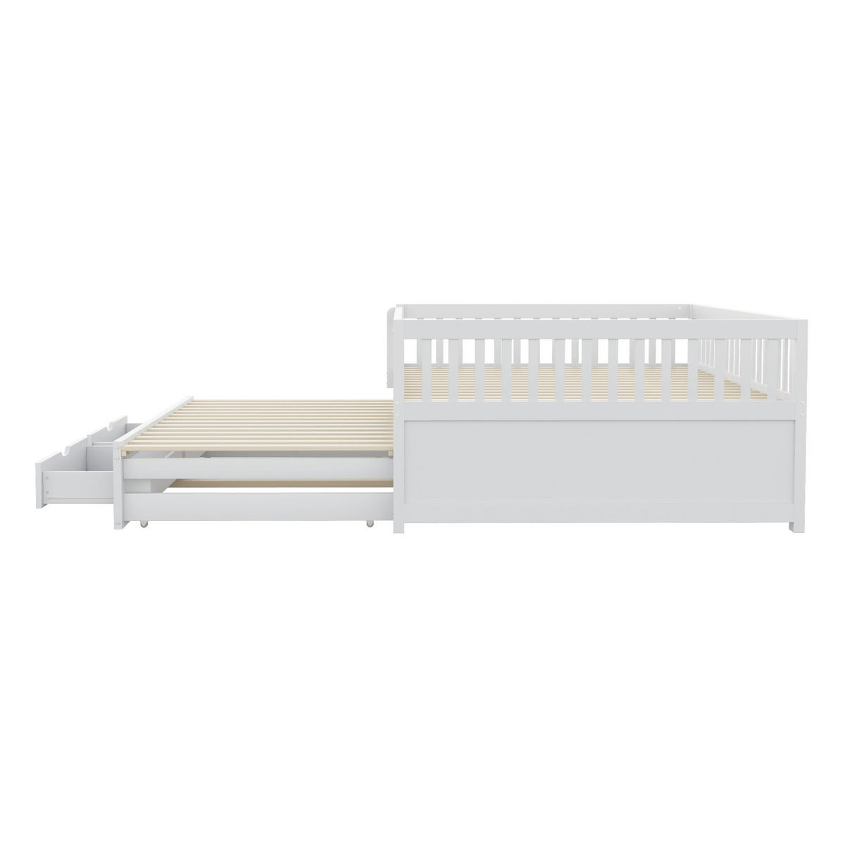 MULTIFUNKTIONSBETT 140/200 cm aus Massivholz mit Sicherheitsgitter und Ausziehbett Weiß - Weiß, Holz - OKWISH